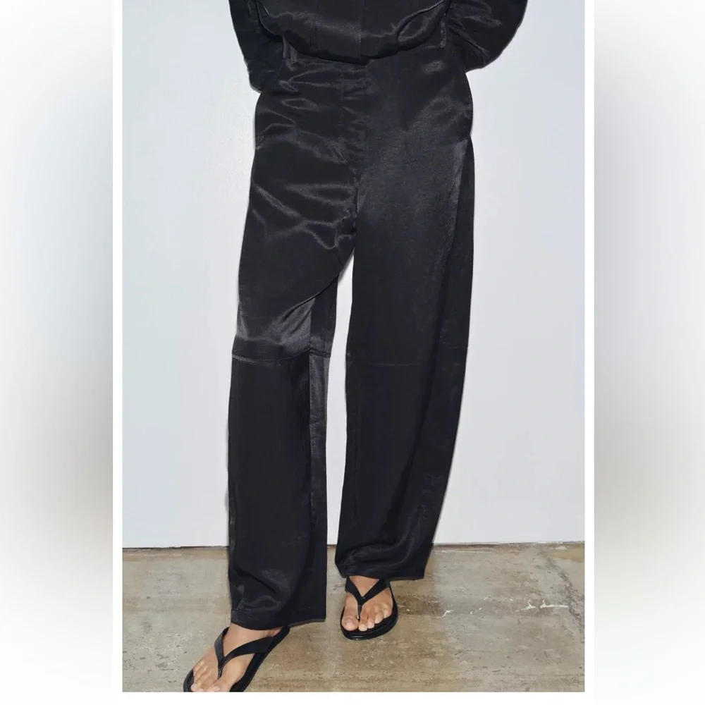 Zara ZW COLLECTION FLOWY PANTS linen blend black Sz XL - Picture 11 of 14